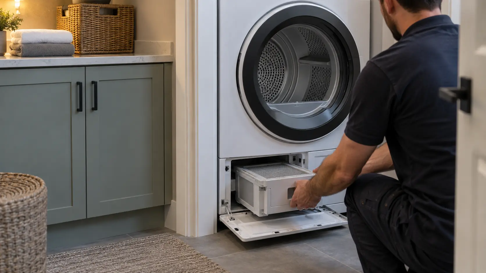 The lower kick plate of a compact ventless dryer is open in a US apartment laundry closet, showing the condenser pulled halfway out.