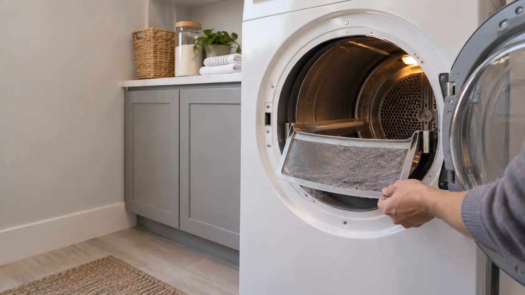 A front-load dryer in a US home laundry room with its door open and the lint screen pulled halfway out, a thin gray layer of lint visible on the mesh.