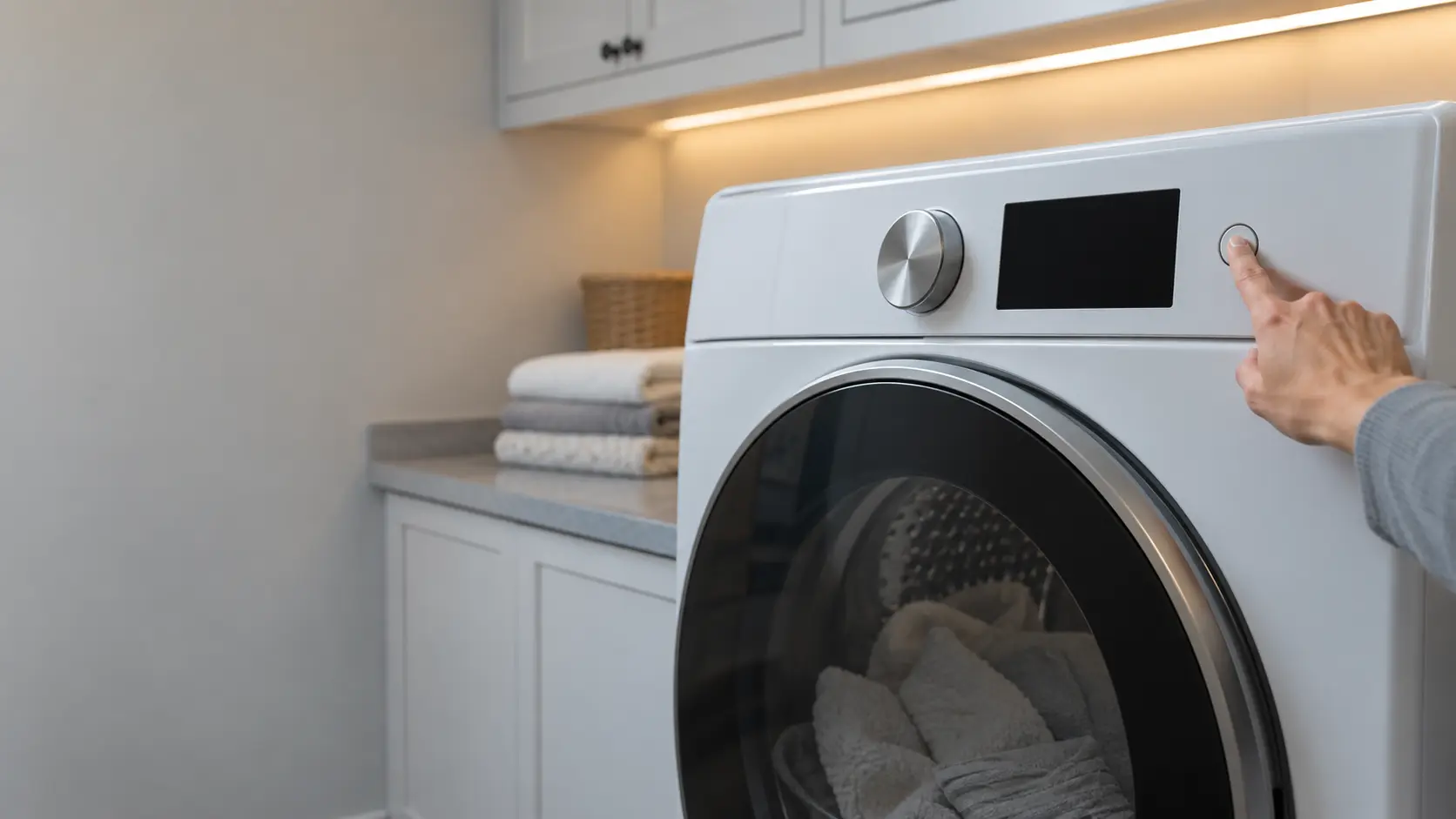 A close view of a dryer control panel in a US home laundry room with a finger pressing a button and the display dark, cycle knob to one side.
