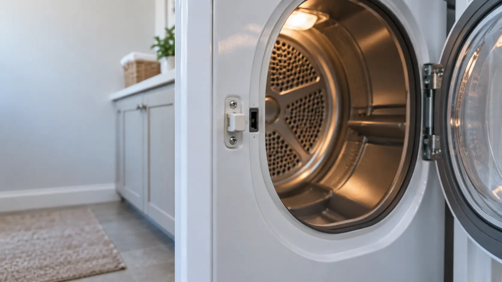 A close view of an open dryer door in a US home laundry room, showing the plastic door catch on the cabinet frame and the small switch opening beside it.