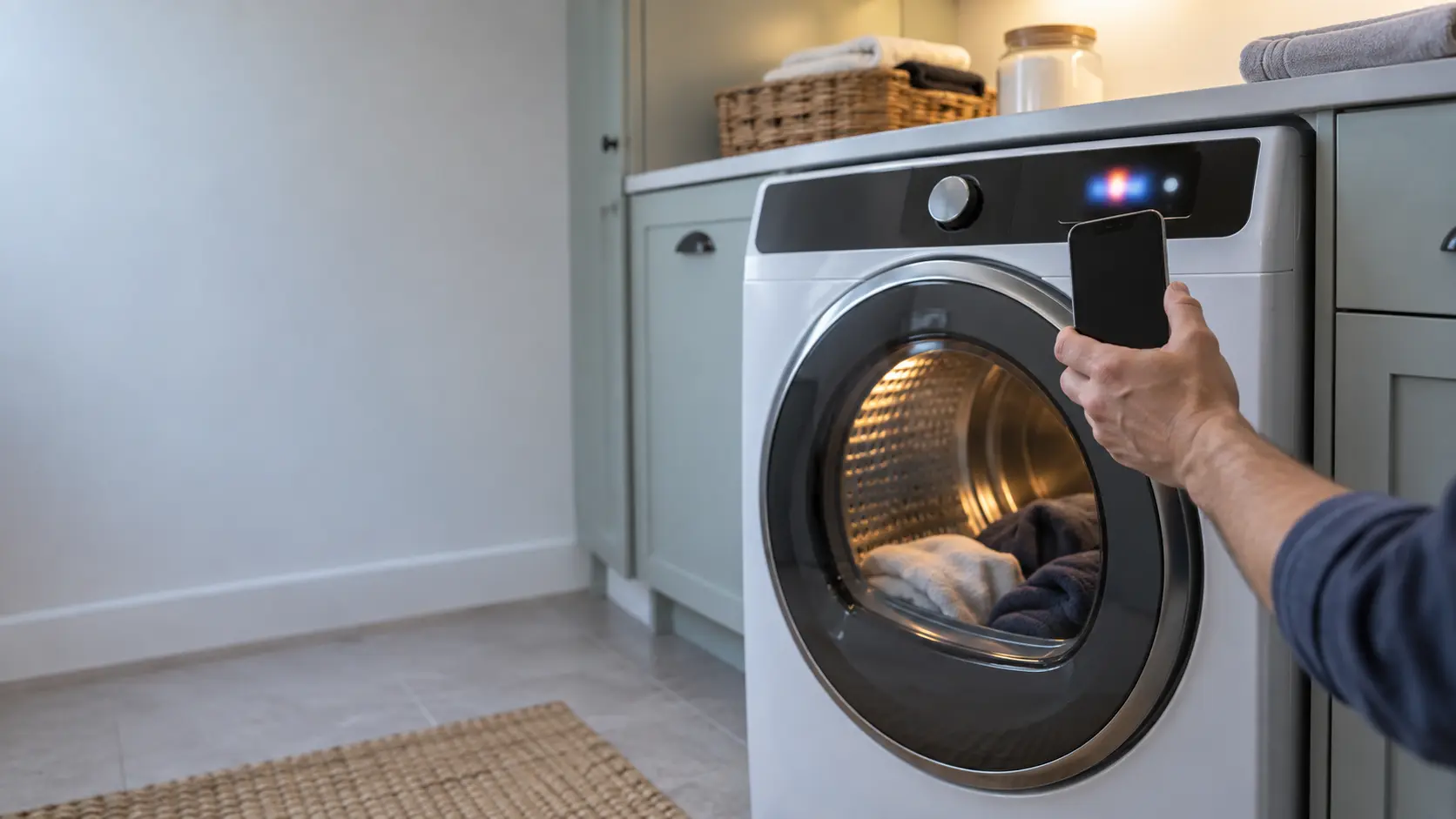 A dryer display panel in a US home laundry room glowing with an unreadable blurred code, a hand holding a phone below it as if to photograph it.