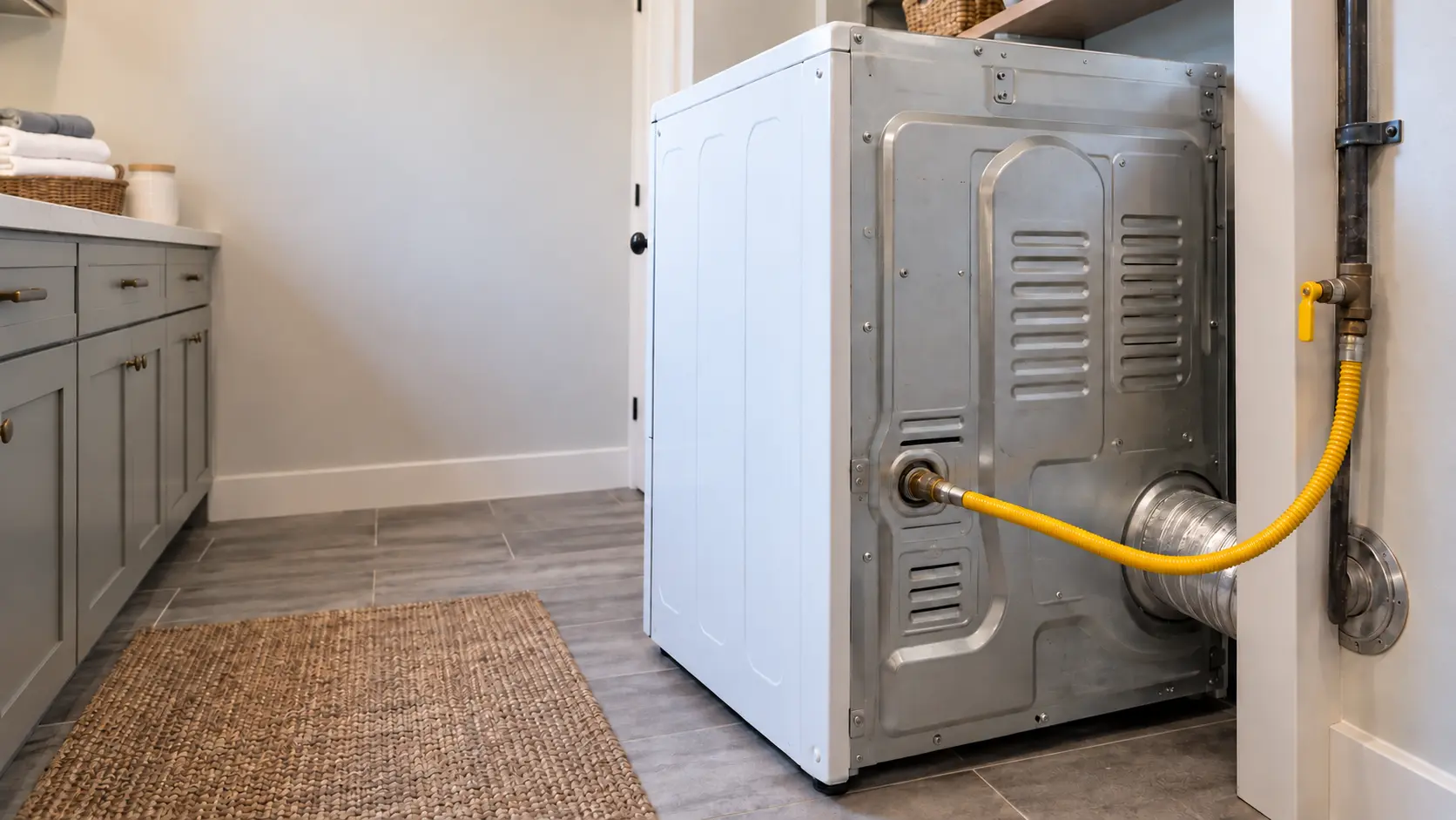 The back of a gas dryer pulled slightly away from the wall in a US home laundry room, showing the yellow flexible gas connector and the shutoff valve on the supply pipe.