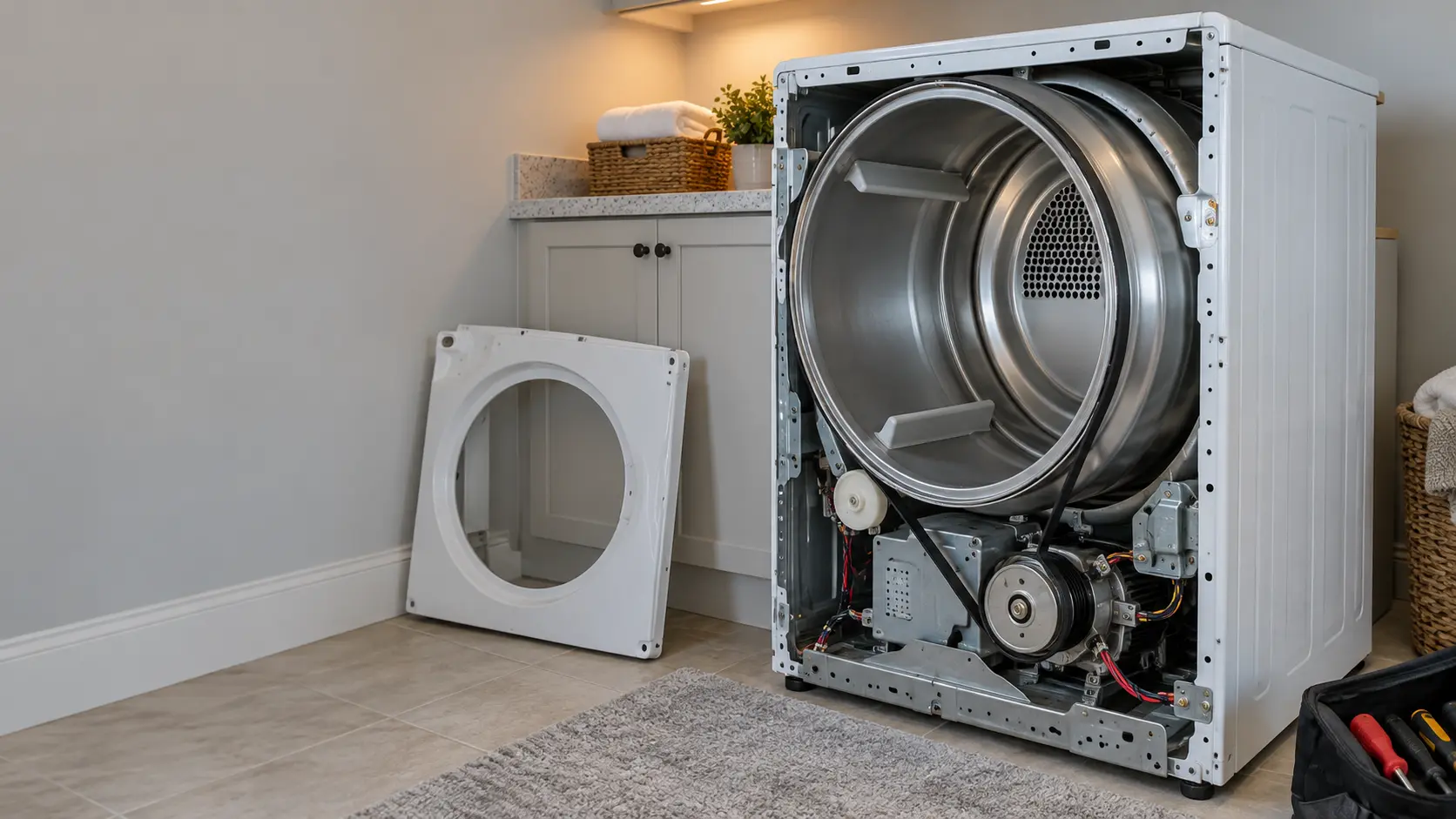 A front-load dryer pulled out from the wall in a US home laundry room with its front panel removed, exposing the drum edge and the belt.