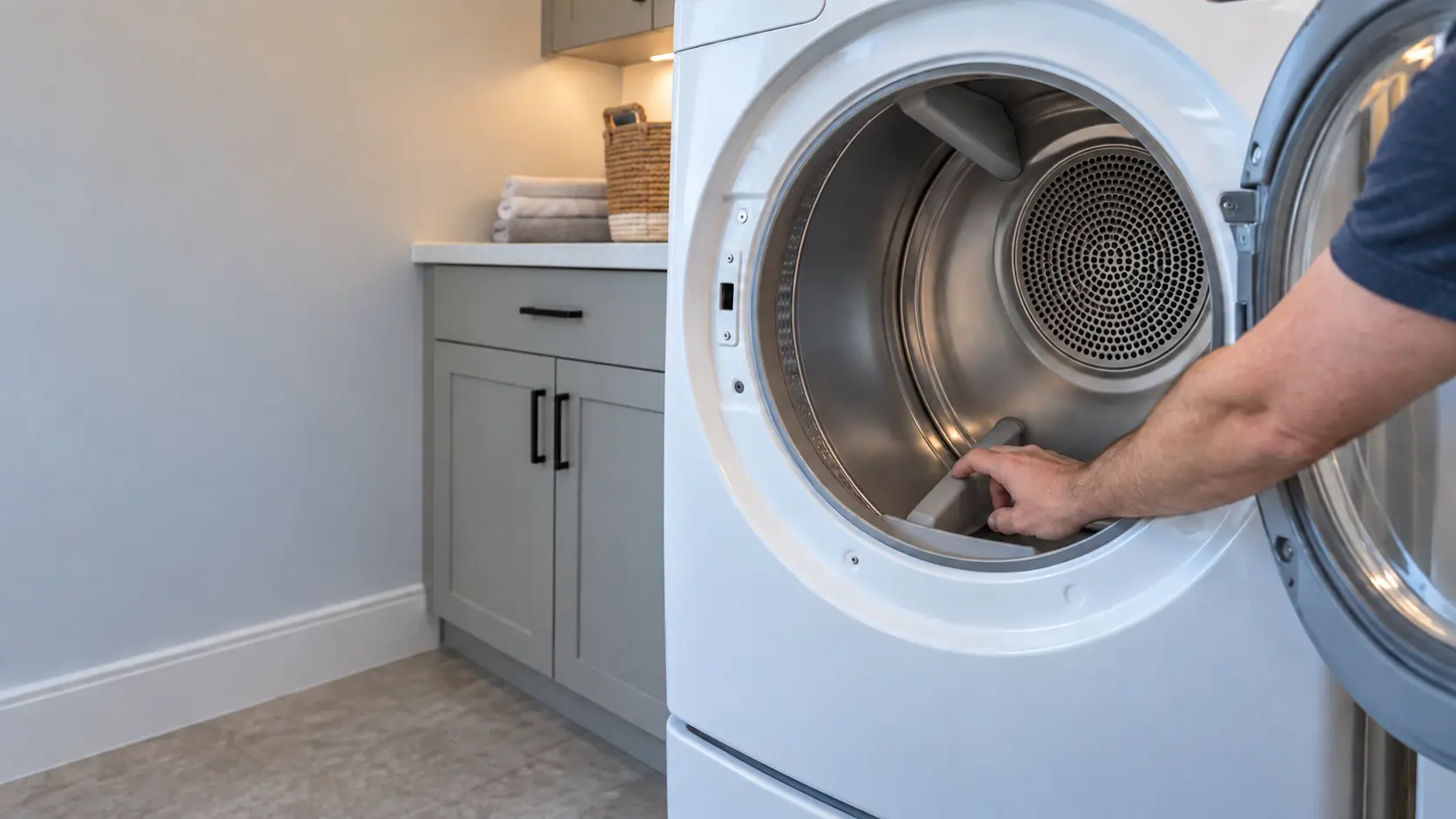 A front-load dryer with its door open in a US home laundry room and an empty drum, a hand resting on the drum baffle as if turning it.