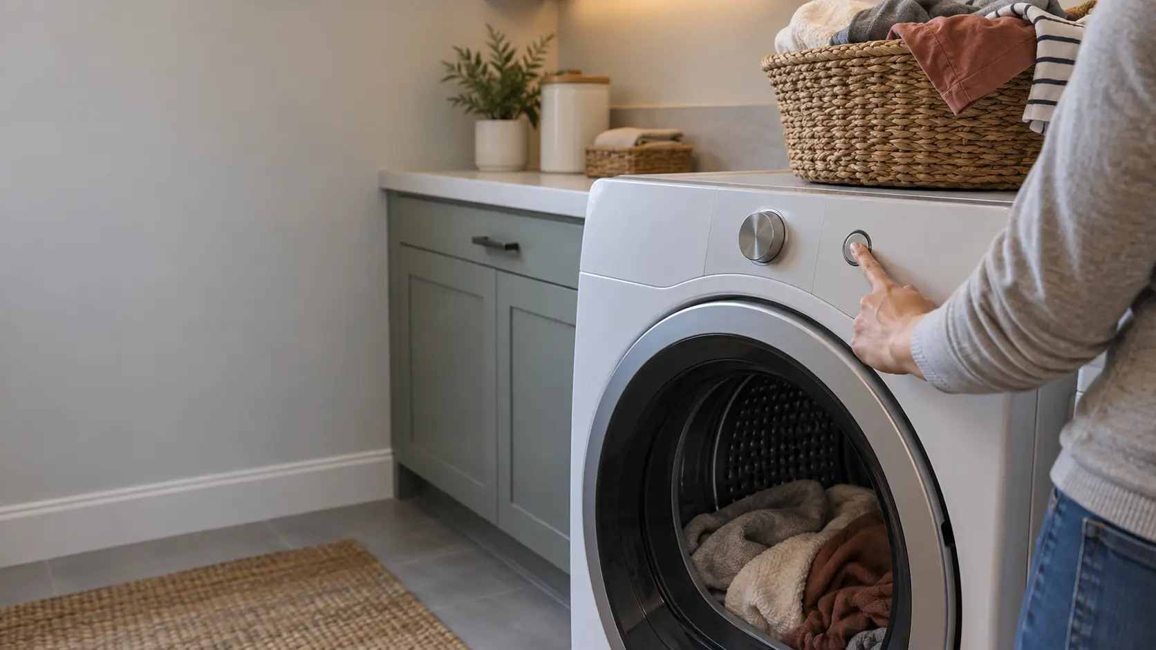 A finger pressing the start button on the control panel of a front-load dryer in a US home laundry room, a basket of clothes on the counter beside it.