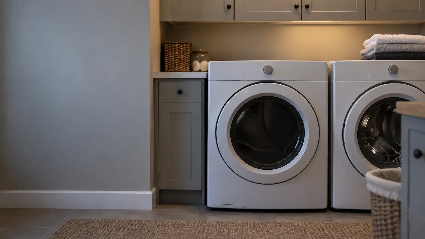 A dark, unlit dryer control panel in a dim US home laundry room with the door closed, a folded pile of laundry waiting on top of the washer next to it.