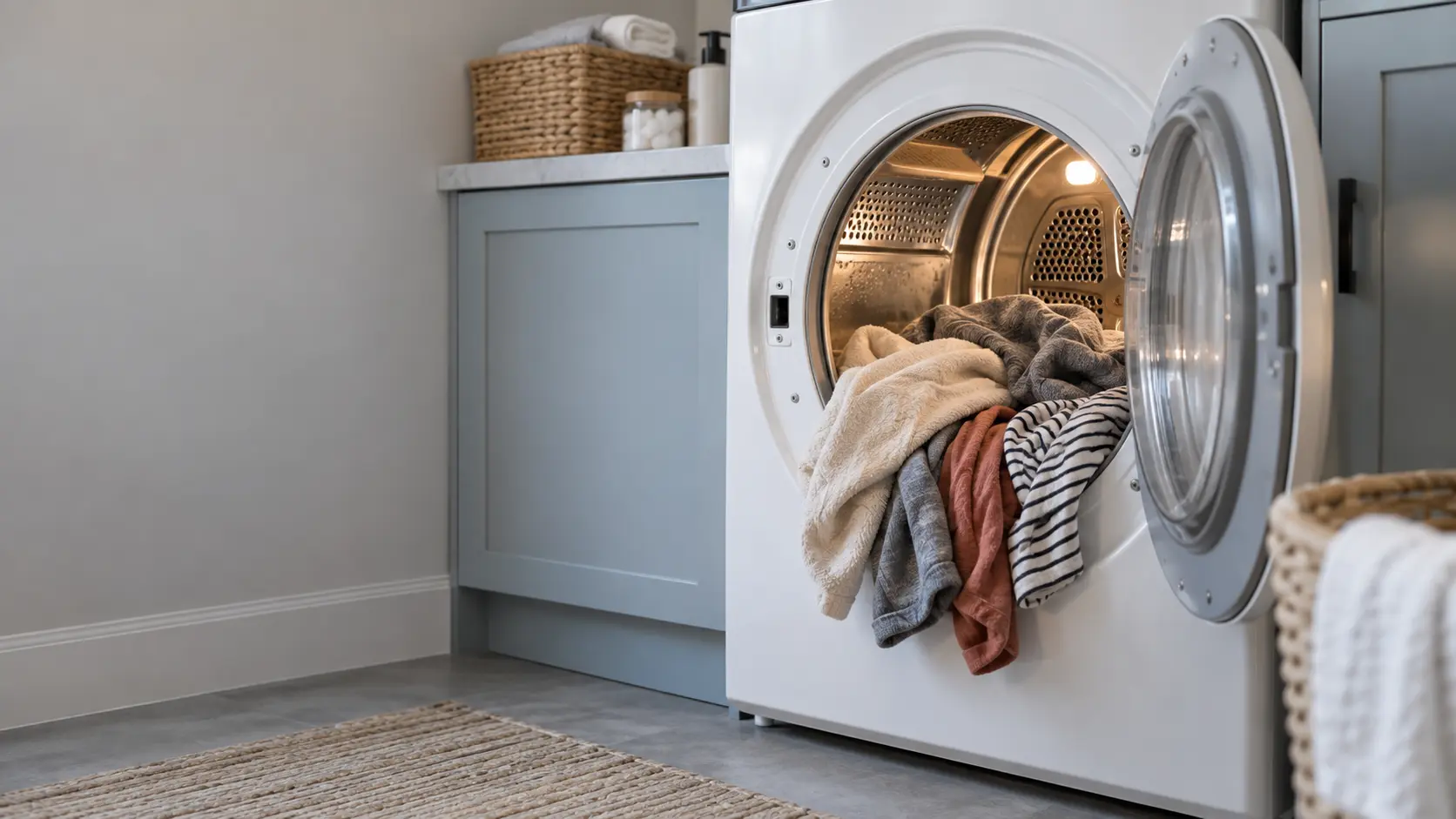 A front-load dryer paused partway through a load in a US home laundry room, the door open and warm clothes half out of the drum.