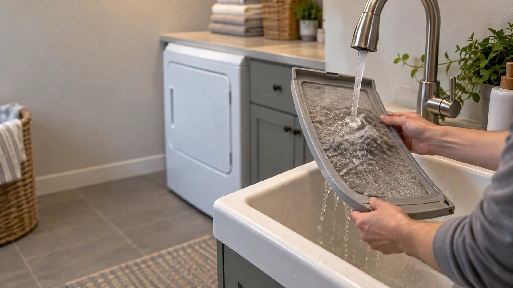 A lint screen held under a running laundry sink faucet in a US home laundry room, water beading on the mesh instead of passing through.