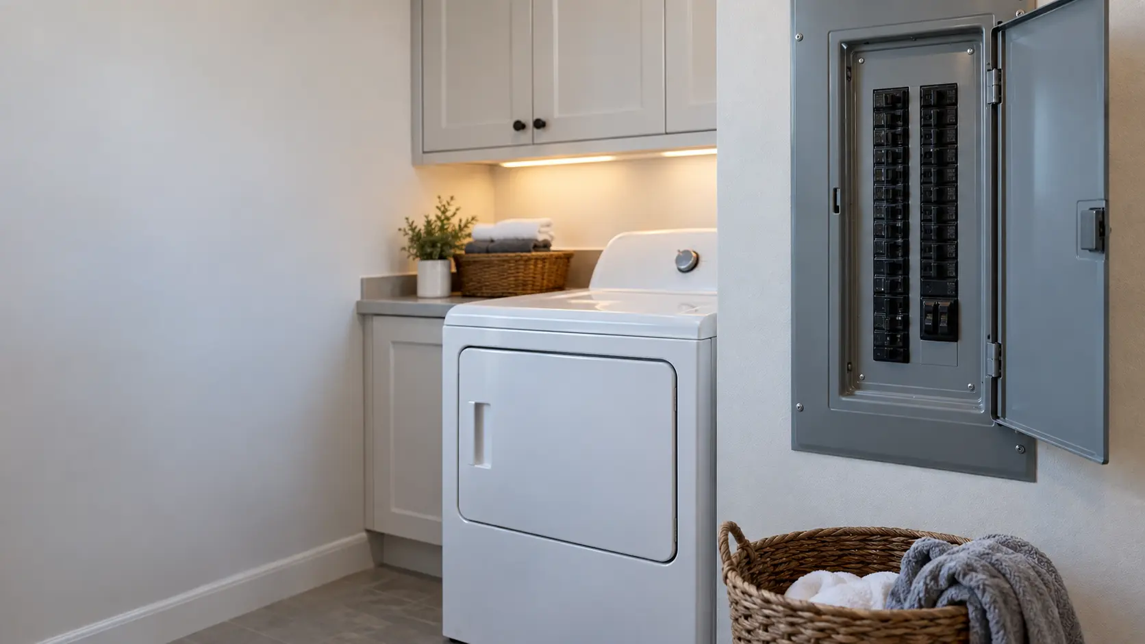 An open residential electrical panel in a US home laundry room with a double-pole breaker in the off position among rows of breakers.