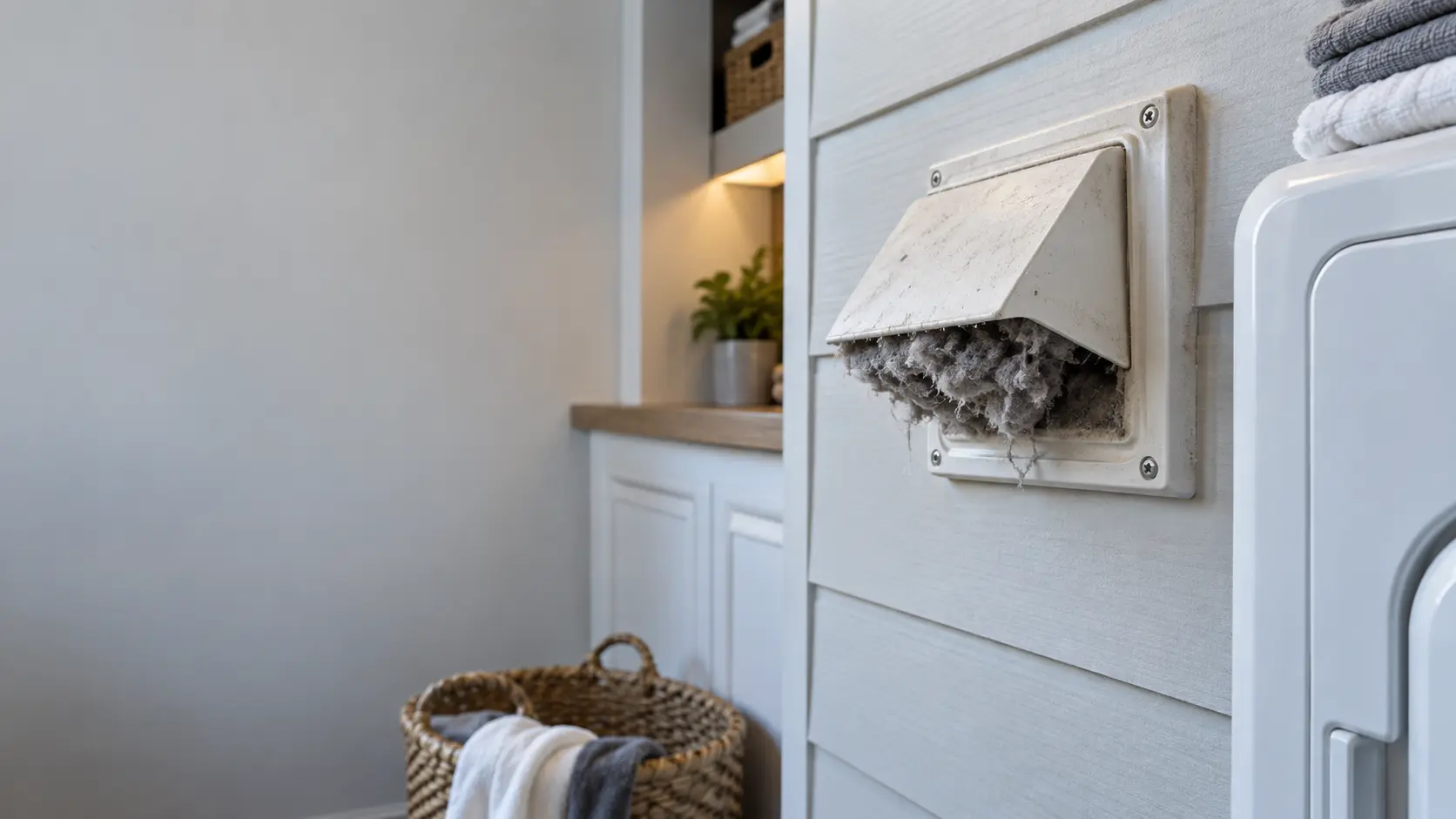 An exterior dryer vent hood on the painted siding of a US single-family house, its flap half open and a mat of gray lint caught around the edge.