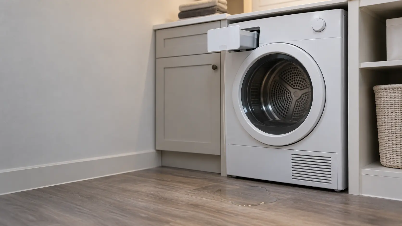 A compact ventless dryer in a US apartment laundry closet with its water container pulled halfway out and a small puddle on the vinyl floor in front.