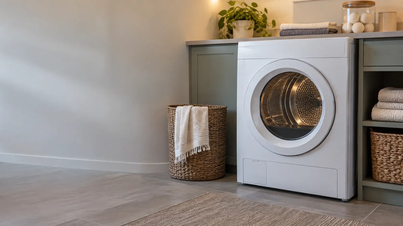 A white front-loading electric dryer stands on a tiled floor in a US home laundry room.
