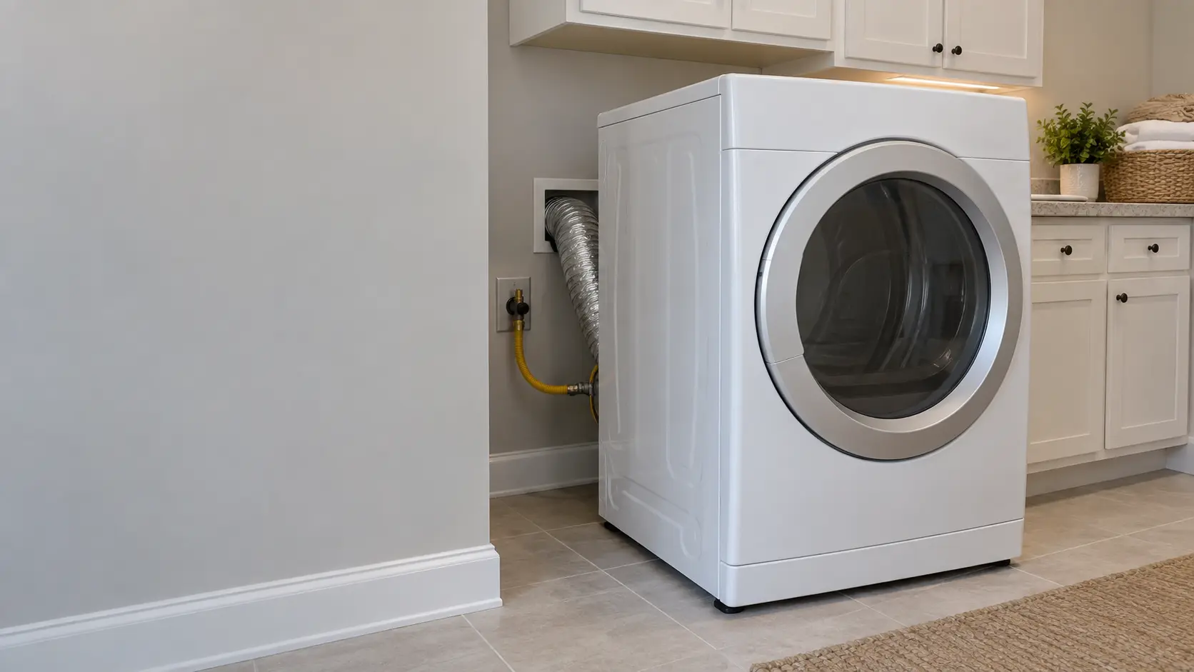 A front-loading gas dryer is pulled slightly forward from the wall in a US home laundry room.