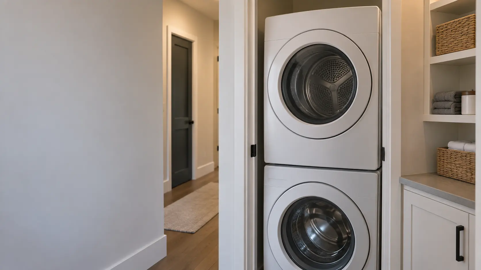 A stacked front-loading pair fills a narrow laundry closet off a hallway in a US home.