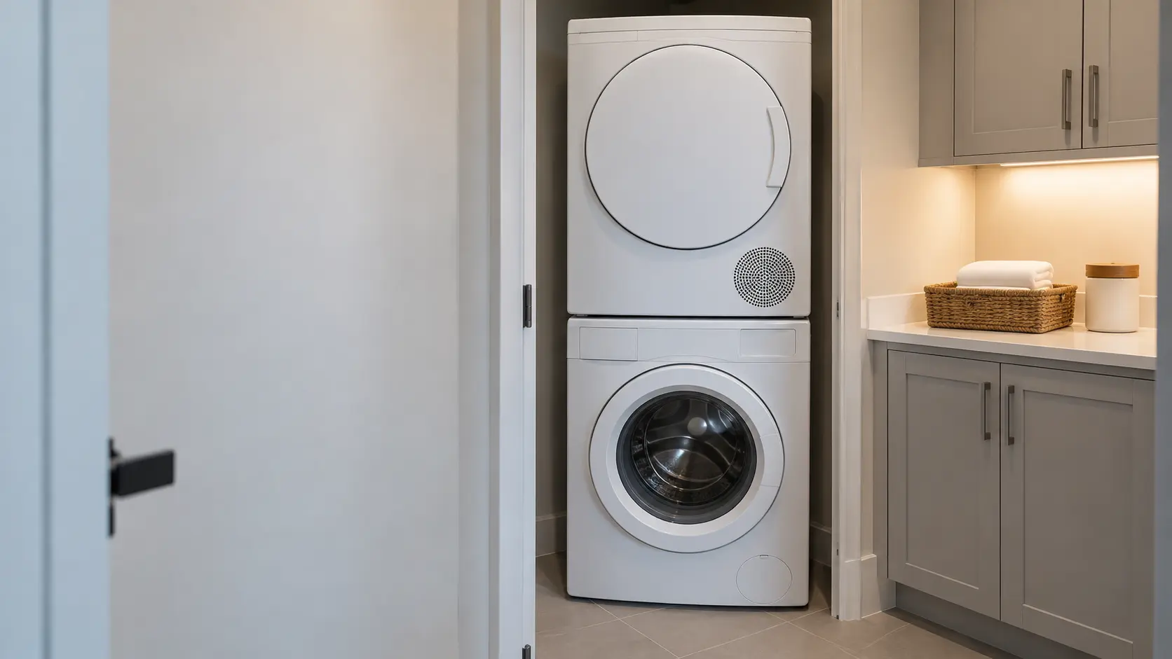 A 24-inch compact ventless dryer is stacked on a matching compact unit inside a US apartment laundry closet.