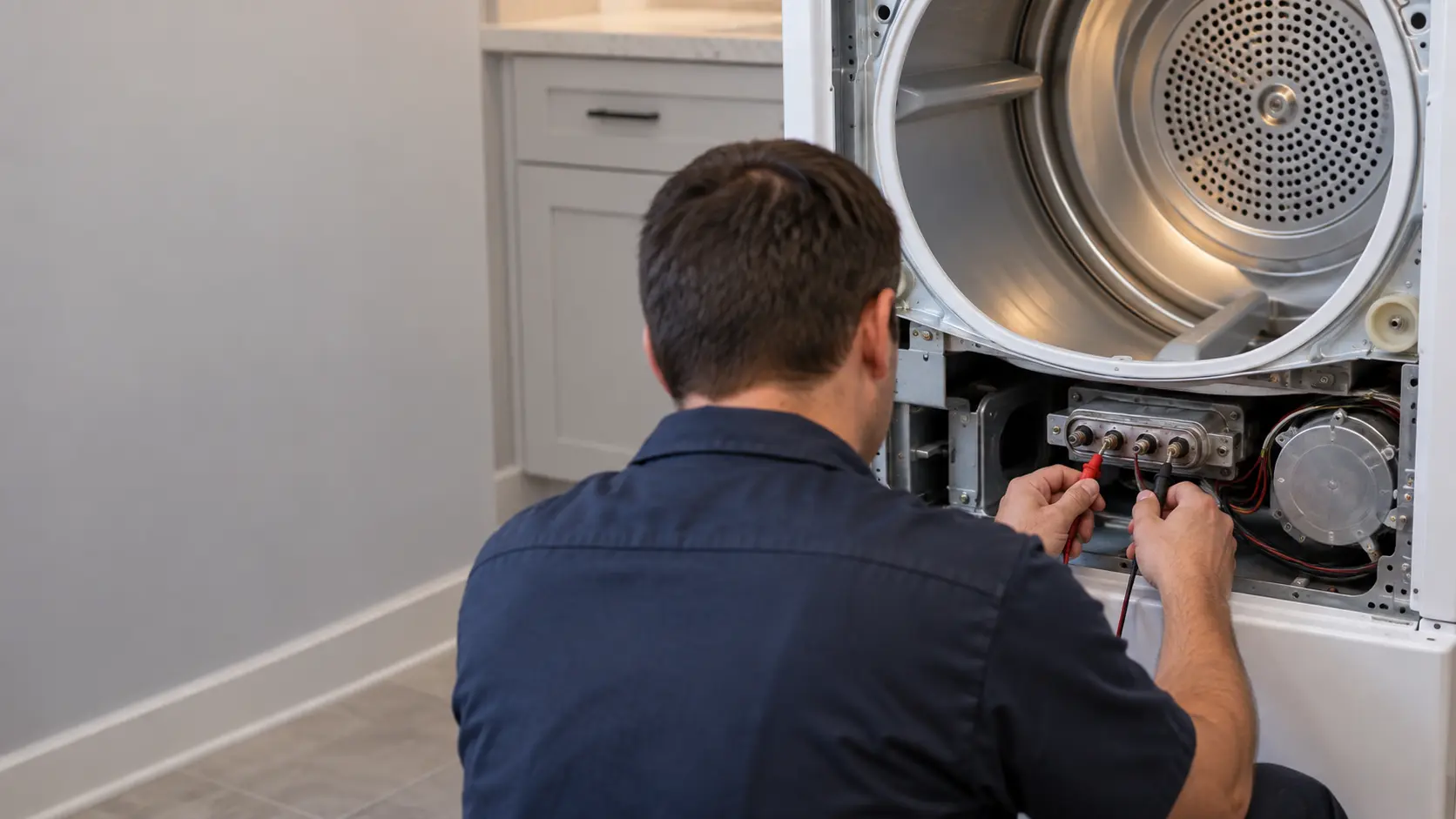 A repair technician in a plain navy work shirt kneeling beside an opened dryer, holding multimeter probes to a heating element terminal, face turned away.