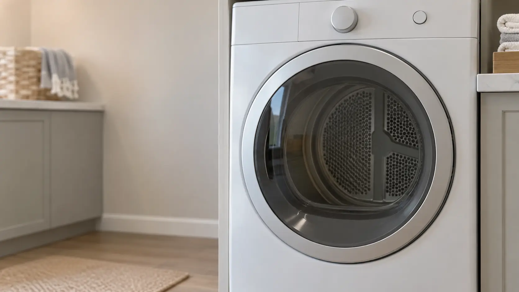 The control panel and door of a front-load dryer filling the frame, soft light.
