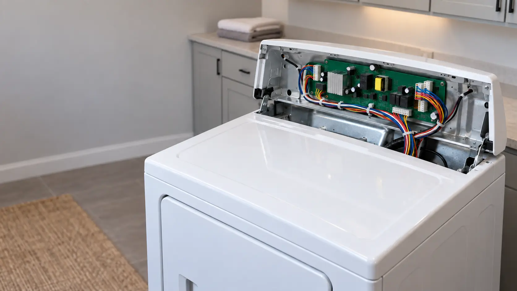 The top rear of a dryer with the console cover lifted, a control board and the ribbon of wires running down to the cabinet, clean and dry.