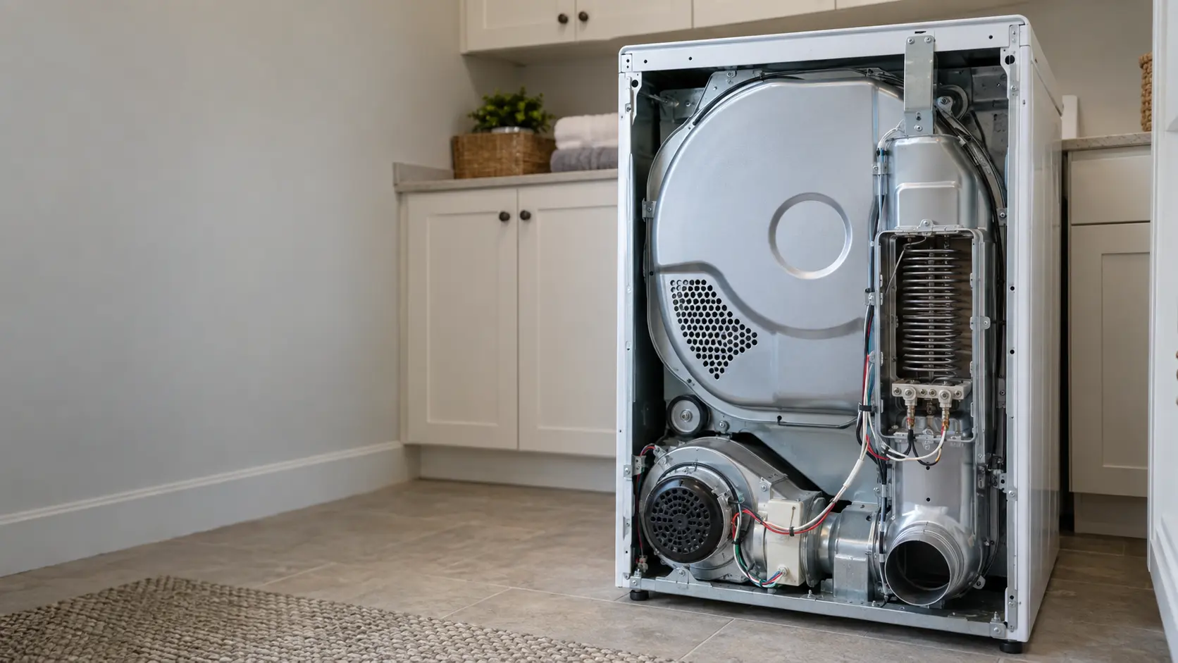 The open back of an electric dryer with the rear panel removed, the coiled heating element housing and its wire terminals visible inside the cabinet.