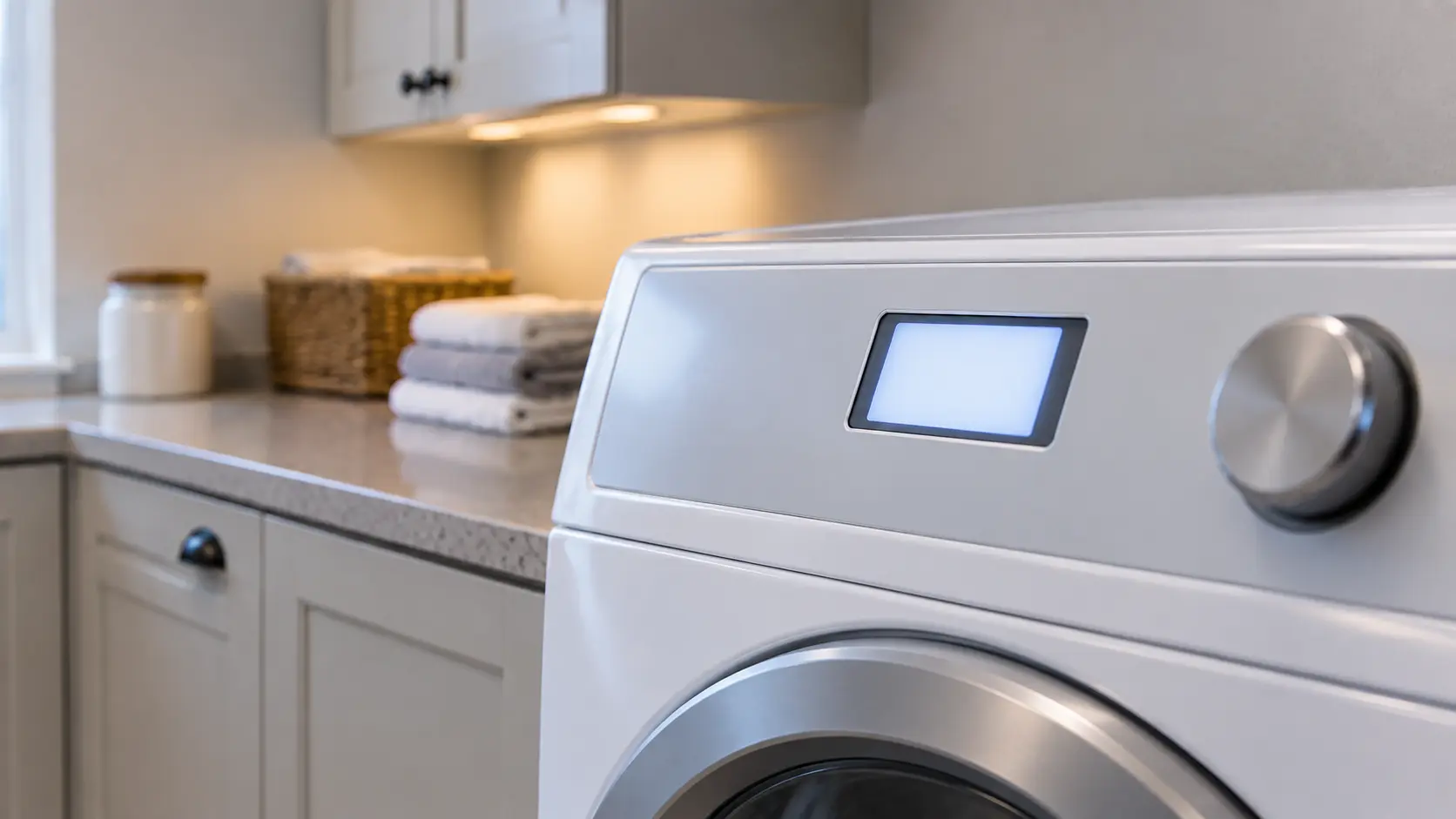 The control panel along the top of a clothes dryer seen close, a small display glowing with no readable characters, the cycle knob blurred beside it.