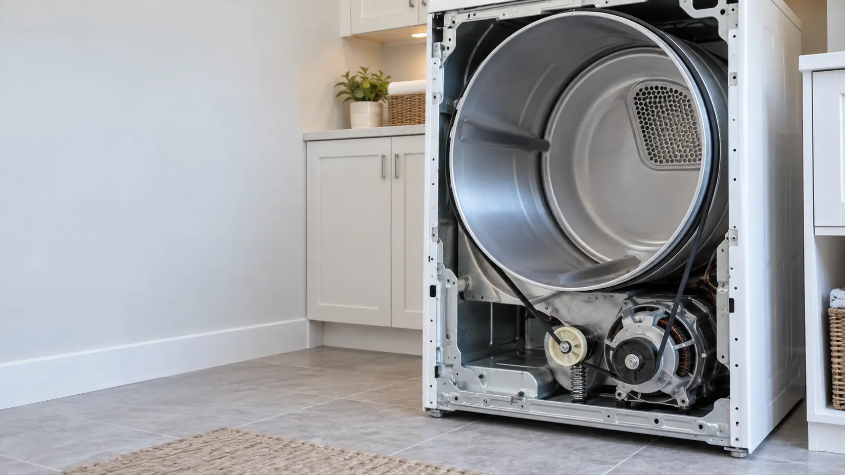 Inside a dryer cabinet with the front panel off, the long drive belt looped around the drum and down to the motor pulley and idler below.
