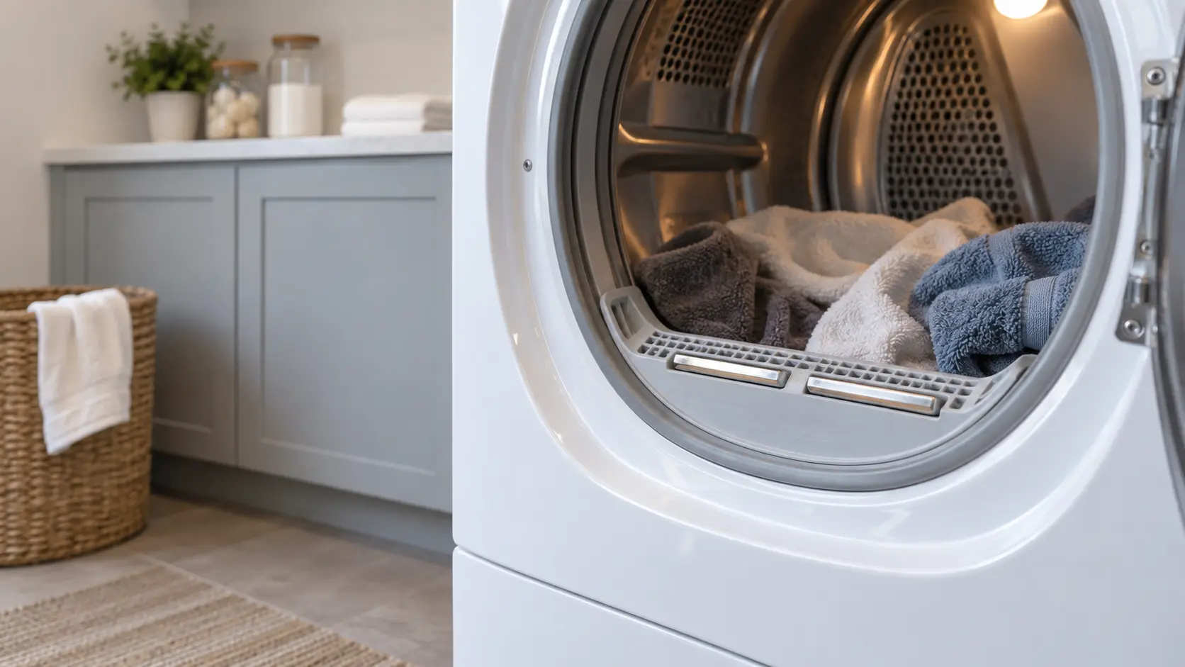 The two metal moisture sensor bars on the lint screen housing just inside an open dryer drum, a few towels resting on the drum floor behind them.