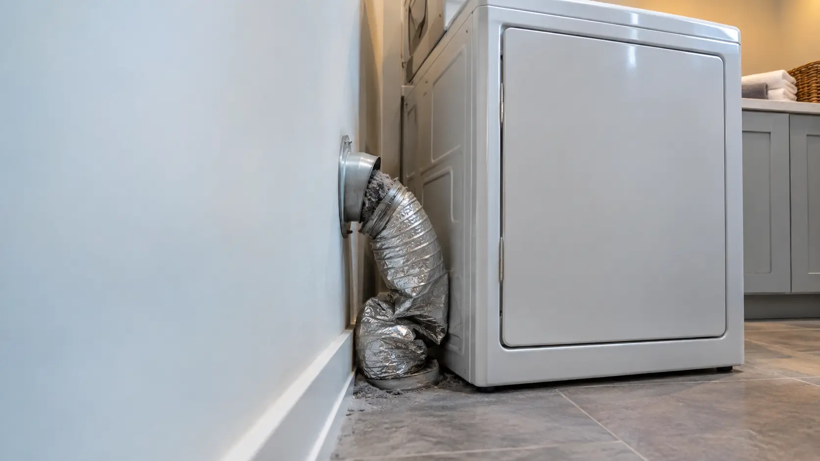 A crushed length of silver foil dryer duct behind a dryer pushed close to a laundry room wall, gray lint showing at the loose joint.