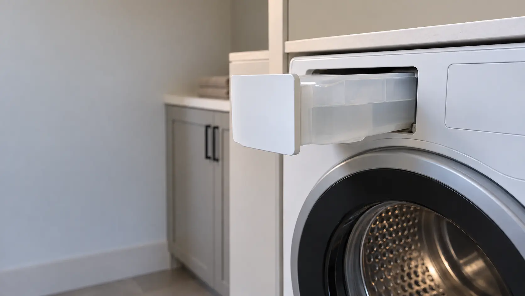 The pull-out water container of a compact ventless dryer partly drawn from its slot at the top of the cabinet, the laundry room wall soft behind it.