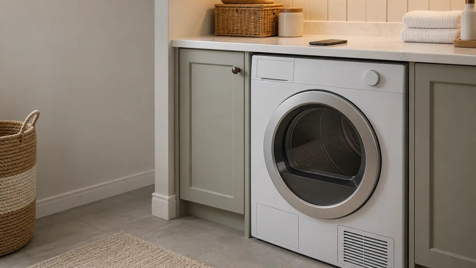 A laundry counter with a phone lying face down above a closed front-load dryer, soft daylight.