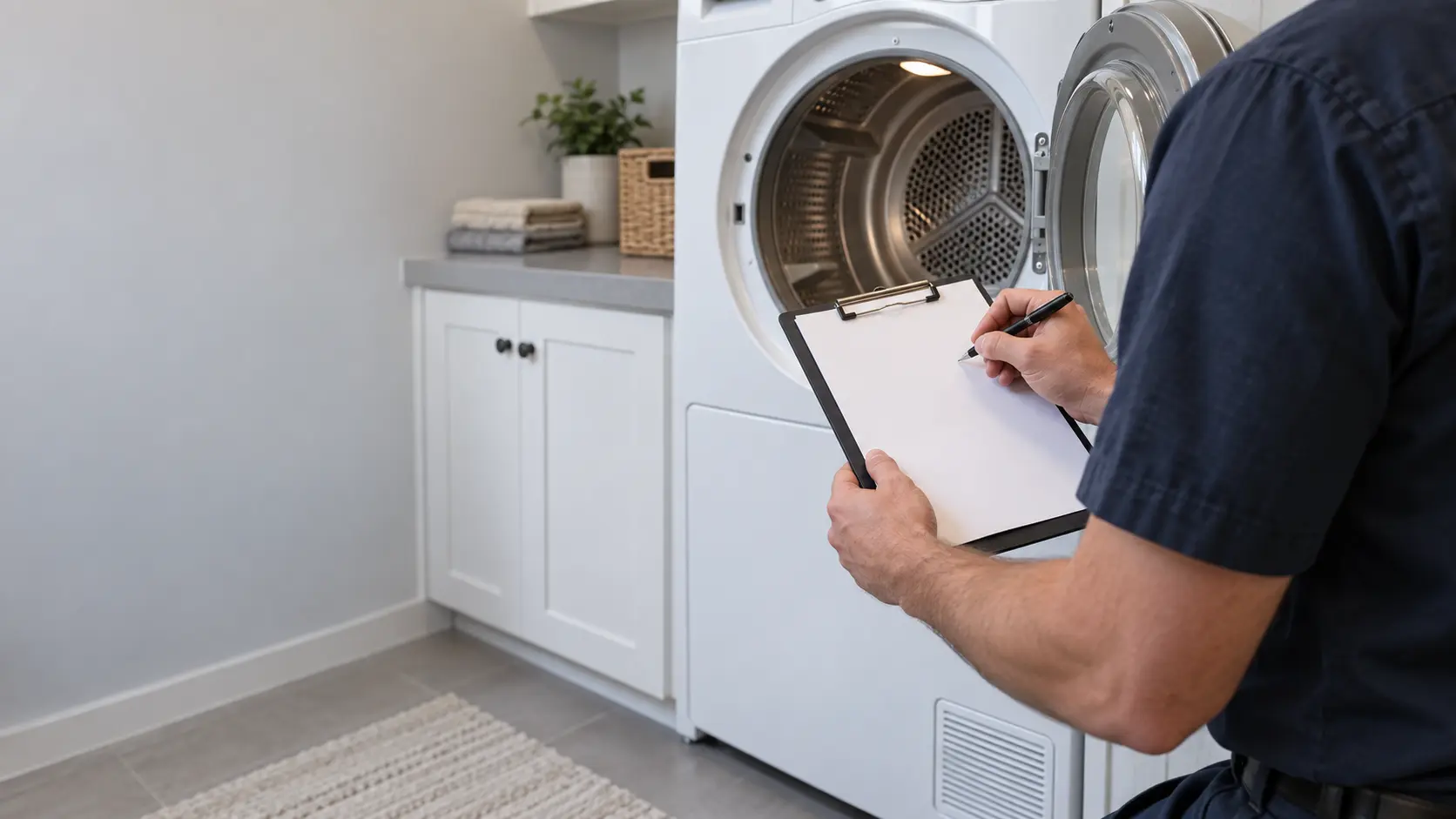 A technician writing on a blank clipboard beside an opened dryer, the page empty of any writing.