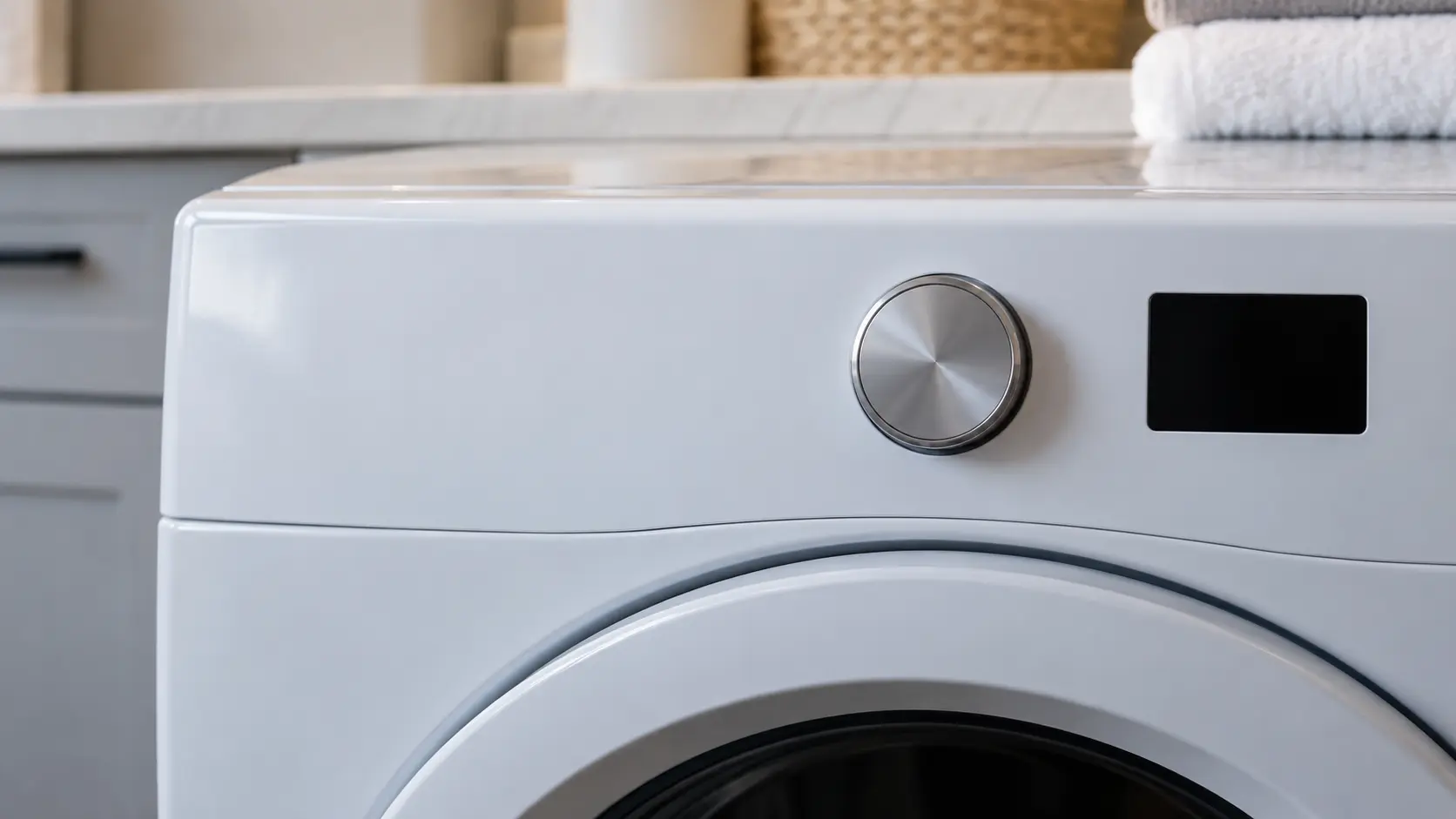 The control knob and small dark display of a dryer seen close and square on.