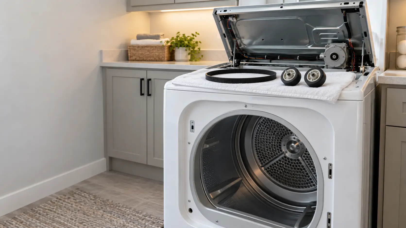 A white front-load dryer in a US home laundry room with its top panel raised and the drum visible inside, a new ribbed drive belt and two small drum rollers laid on a towel on the lid.