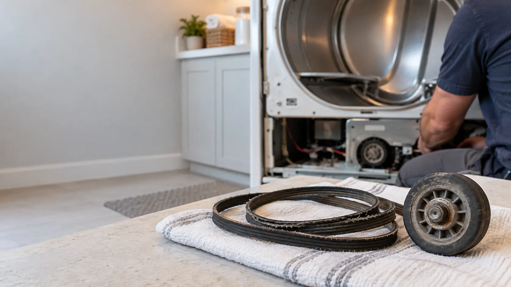 A worn dryer drum belt and a support roller laid on a cloth beside an opened dryer cabinet.