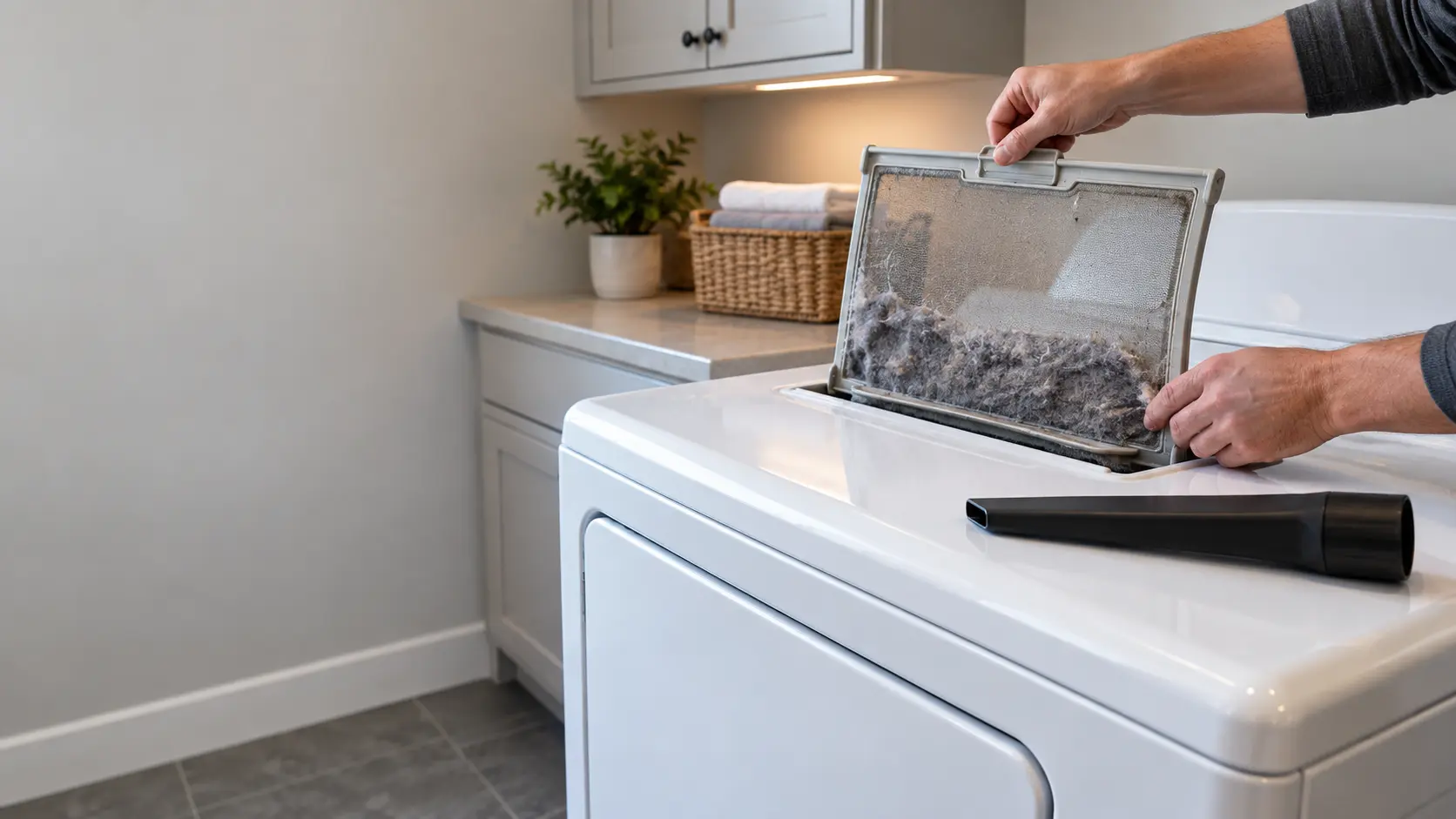 Hands pulling a lint-covered screen from the top of a white dryer in a US home laundry room, a vacuum crevice tool resting on the lid.