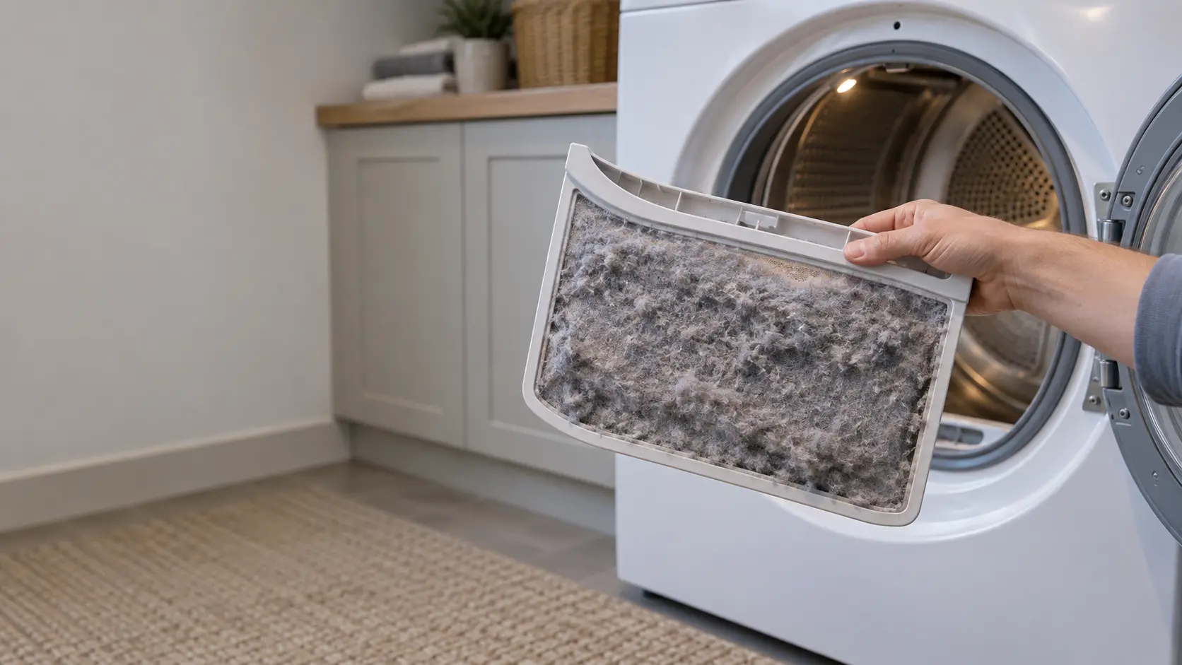 A hand holding a lint screen thick with gray lint in front of an open front-loading dryer in a US laundry room.