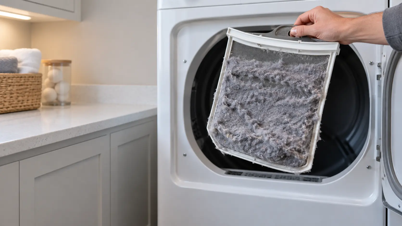 A lint screen packed solid with grey lint held above a dryer, the drum dark behind it.