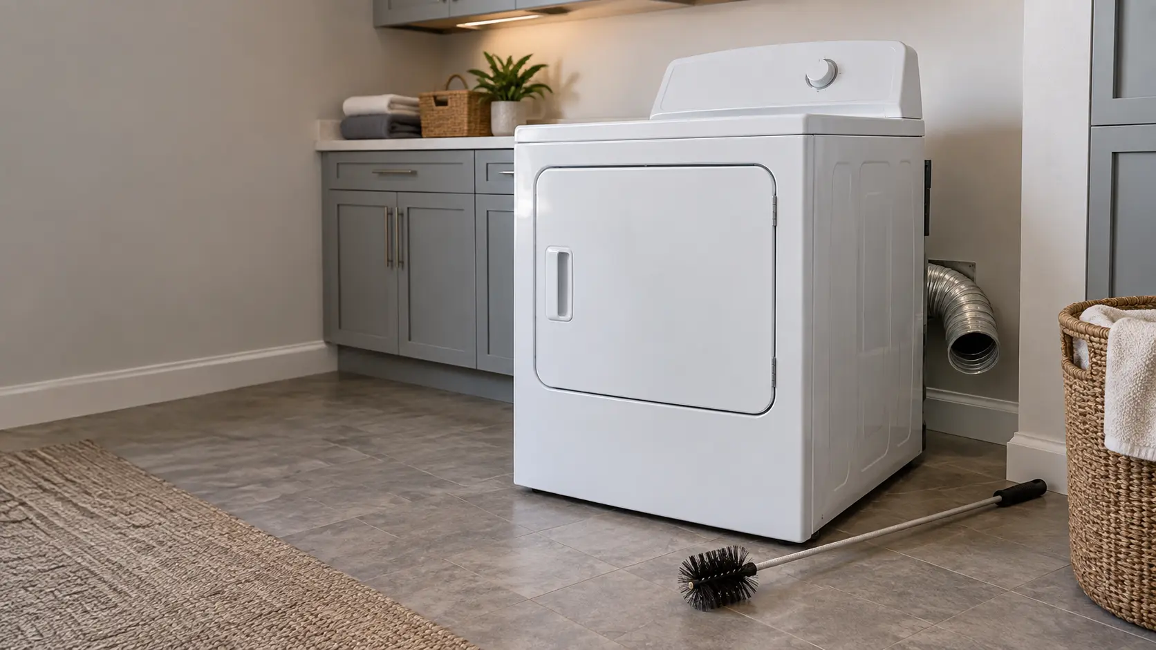 A dryer pulled a short way from the wall in a US home laundry room, its rigid metal vent duct detached and a long vent-cleaning brush lying on the floor beside it.