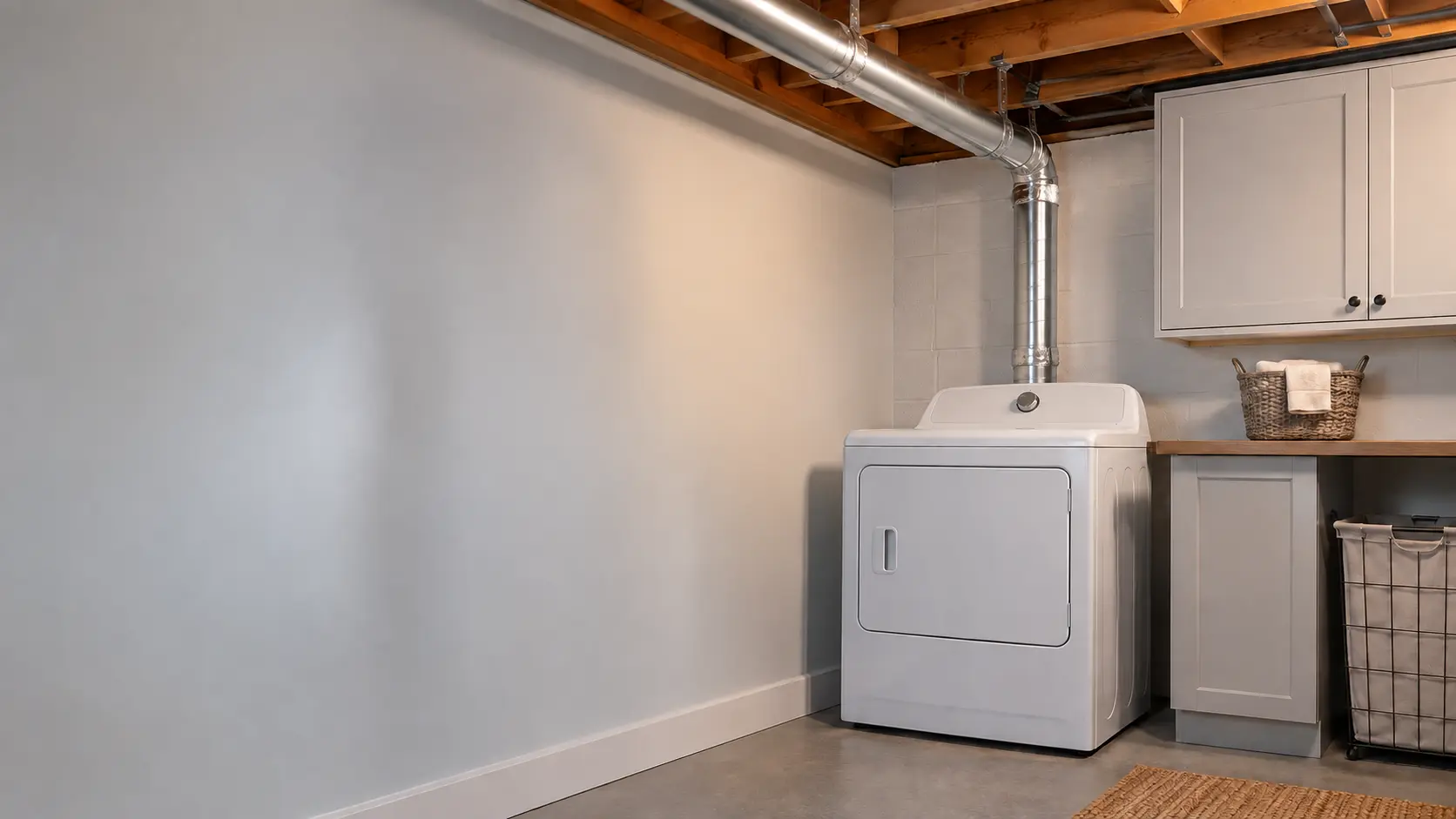 A straight run of rigid metal dryer duct with taped joints running along a basement ceiling joist toward an exterior wall in a US home, a dryer below.