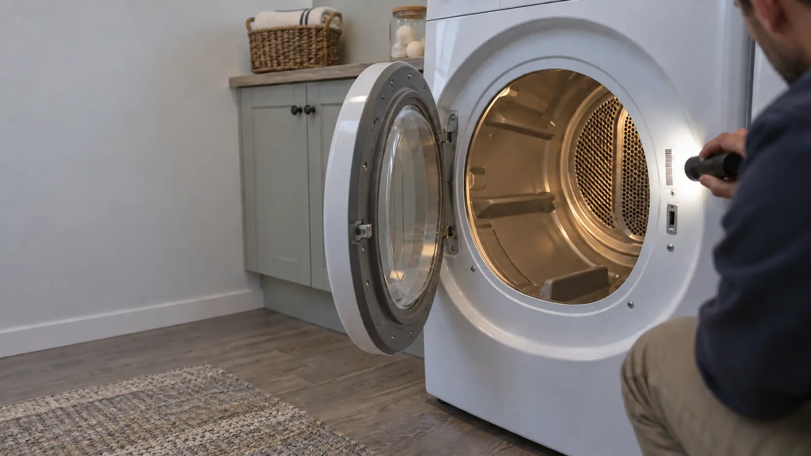 The open door of a white front-load dryer in a US home laundry room with a flashlight beam falling on a small barcode label on the rim of the drum opening.