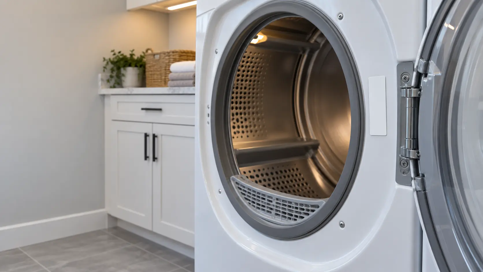The inside of a dryer's door frame opened wide, a small blank rating label on the rim, seen close.