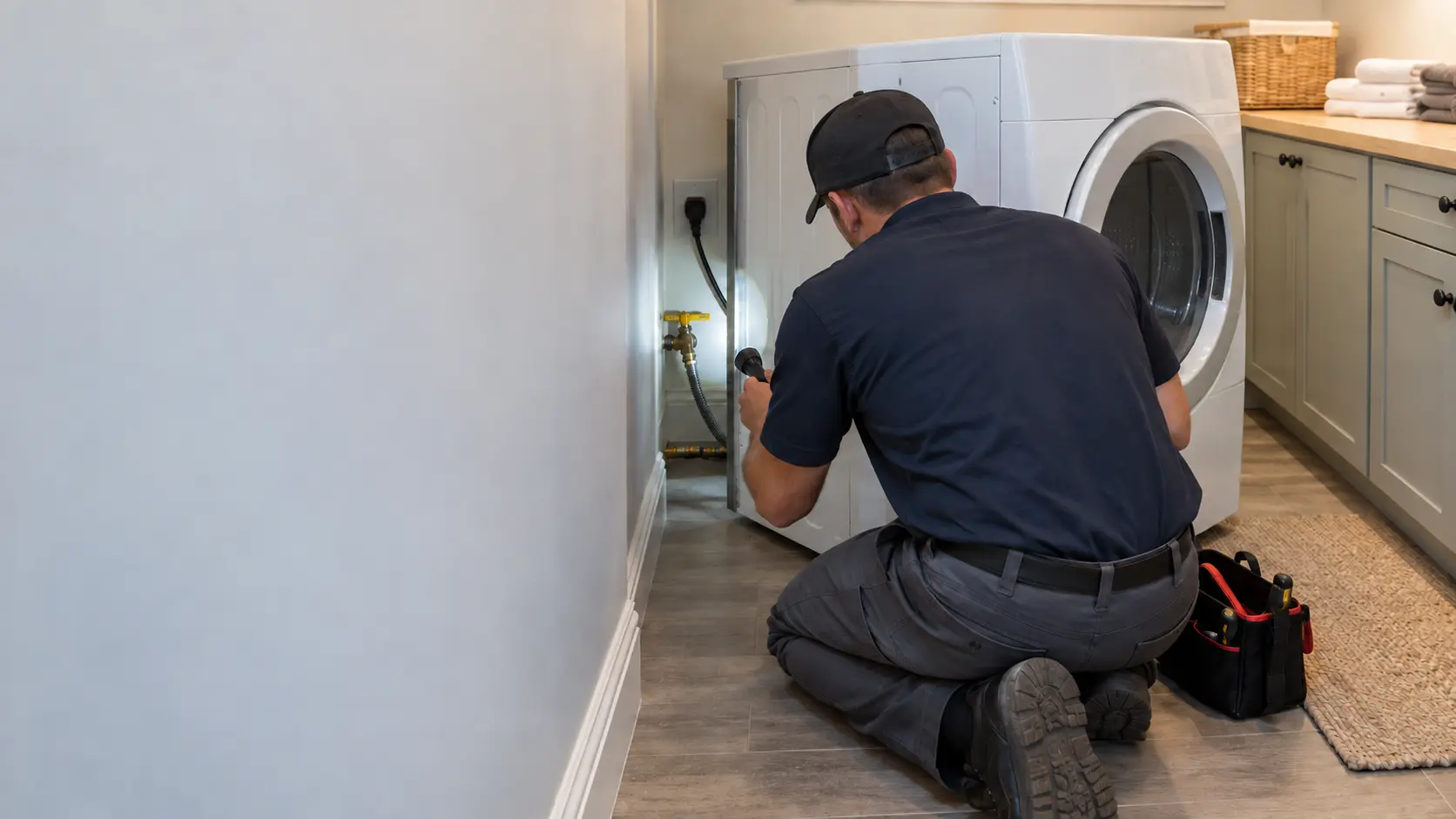 A person kneeling beside a white gas dryer eased a little way from the wall in a US laundry room, shining a flashlight on the power cord and the gas shutoff valve.