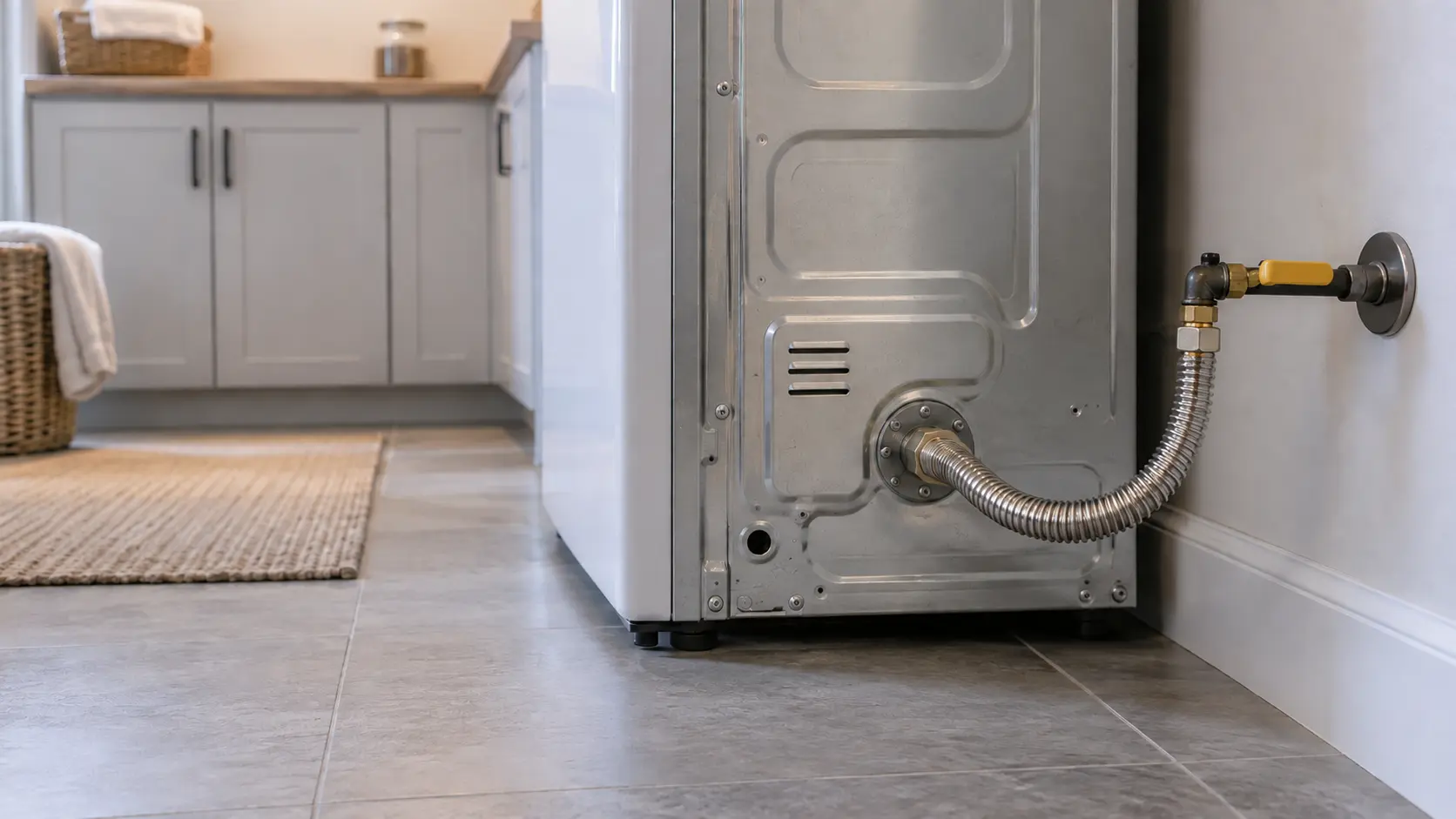 The lower back corner of a gas dryer in a US laundry room showing a stainless steel flexible gas connector running to a shutoff valve with a yellow handle in line with the pipe.