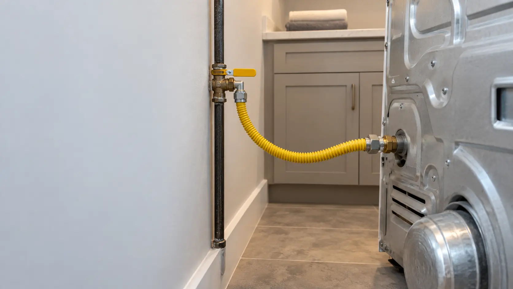 A gas shutoff valve on a wall pipe behind a dryer with a coated flexible connector attached, seen close.