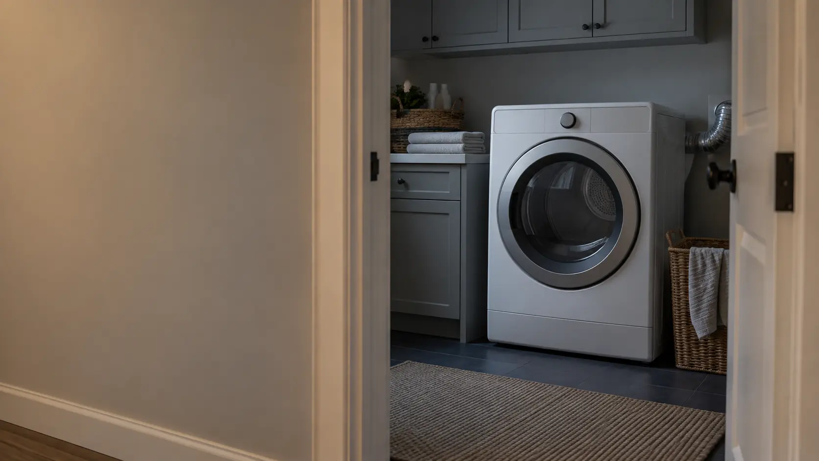 The open doorway of a US laundry room seen from a hallway, a gas dryer inside with its door closed and the room lights off.