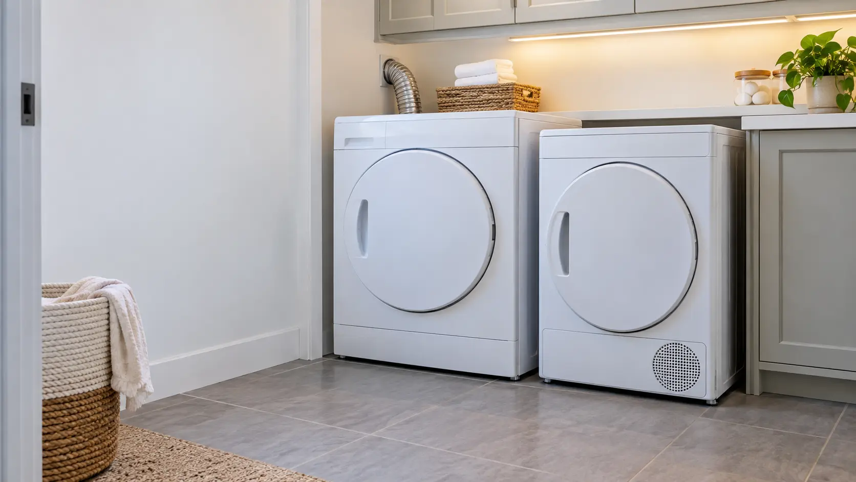 A white vented dryer beside a slimmer ventless heat-pump dryer in a bright US home laundry room, a flexible gas connector visible behind the first.
