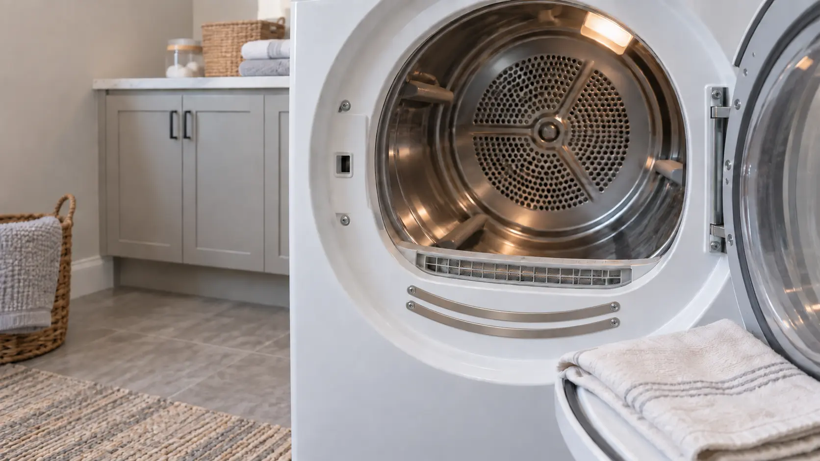 A close view inside the open door of a white front-load dryer in a US home laundry room, showing the lint screen slot and two curved metal sensor strips below it, a folded cloth on the door edge.