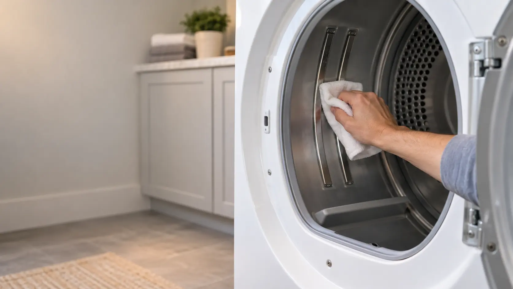 A hand wiping the two metal moisture sensor strips inside a dryer drum with a cloth.