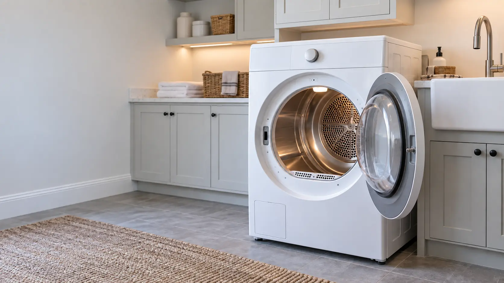 A white front-loading dryer with its door open and an empty drum lit from inside, standing beside a utility sink in a bright US home laundry room.