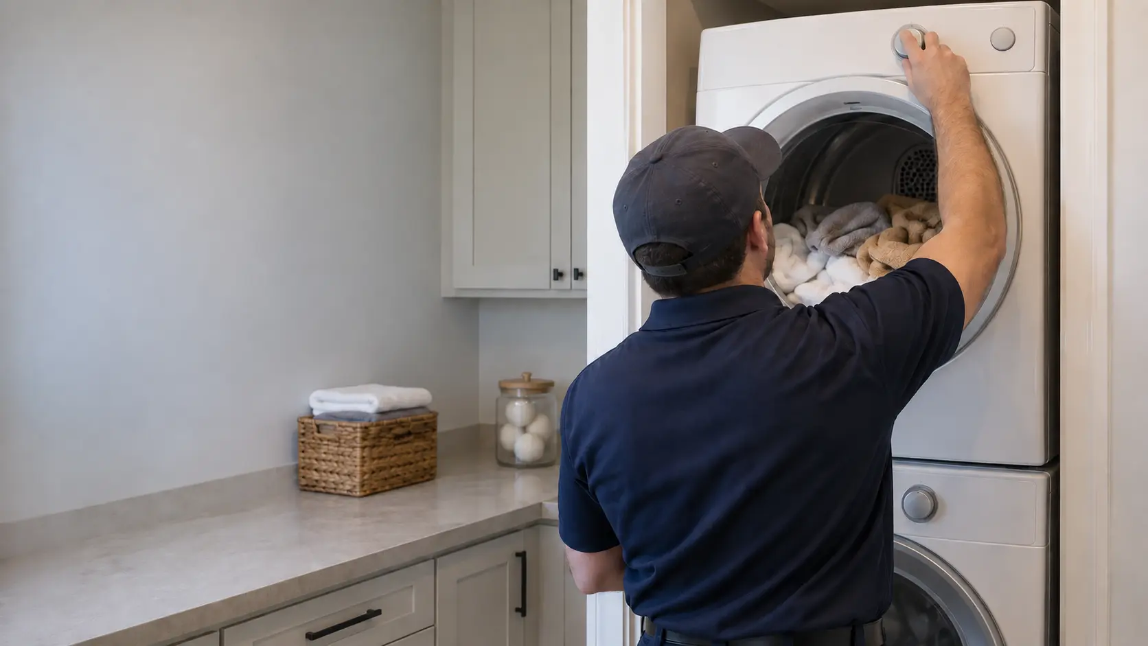 A technician reaching up to the control panel of the dryer half of a stacked laundry pair in a closet.