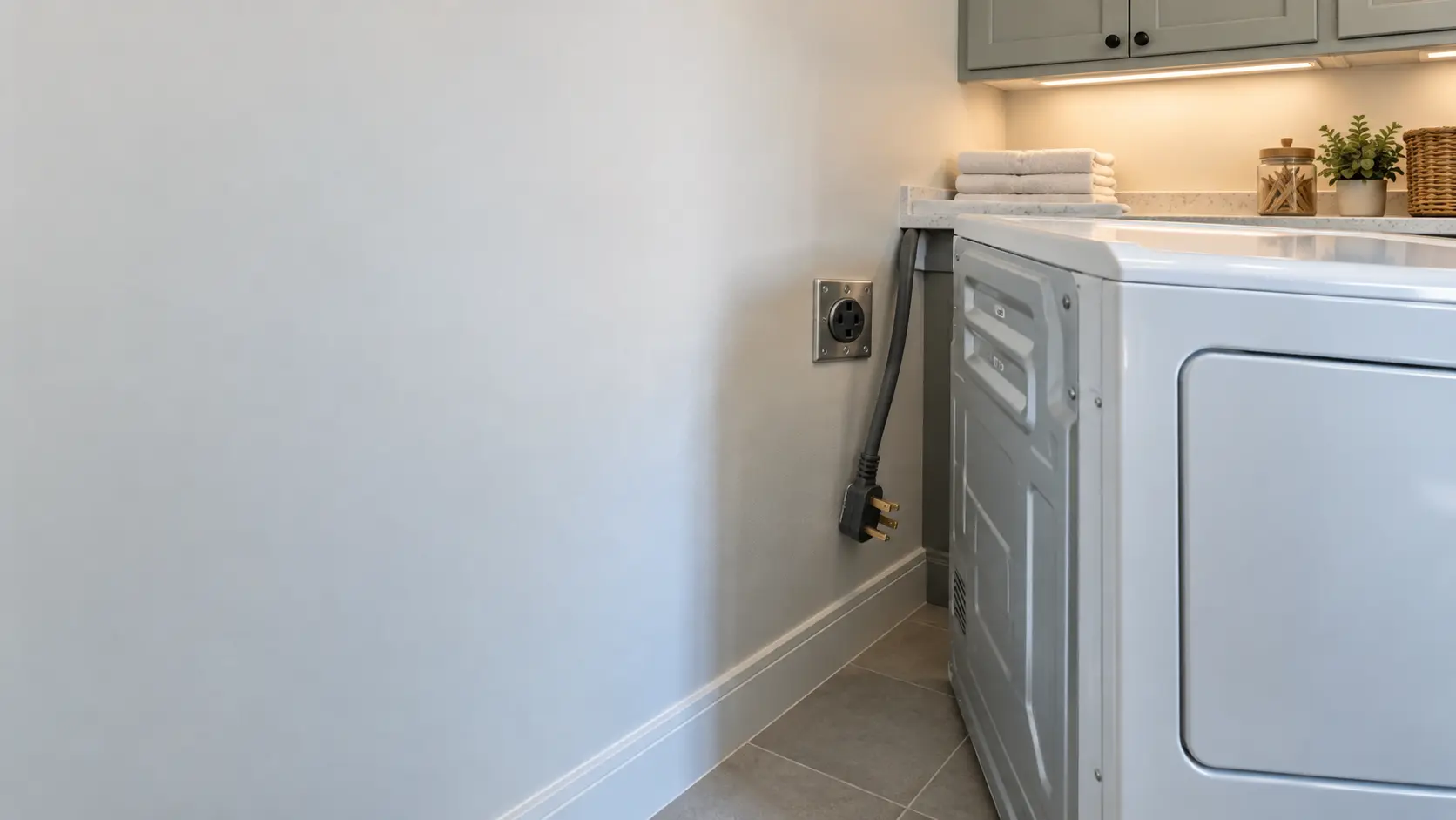 A four-slot 240-volt outlet on a laundry room wall behind a pulled-out electric dryer in a US home, the dryer's power cord hanging beside it.
